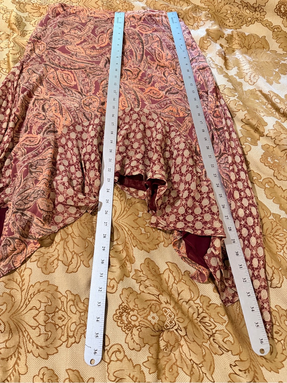 Sundance Paisley Handkerchief Hem Skirt in Rust & Peach, Silk, Lightweight, Sz 6 - Picture 13 of 14